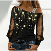 Silver Shoulder Strap Transparent Sleeves Sequins Blouse Women's Sexy T-shirt Christmas Tree Printed Long Sleeved Top - Chic Cart