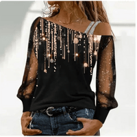 Silver Shoulder Strap Transparent Sleeves Sequins Blouse Women's Sexy T-shirt Christmas Tree Printed Long Sleeved Top - Chic Cart