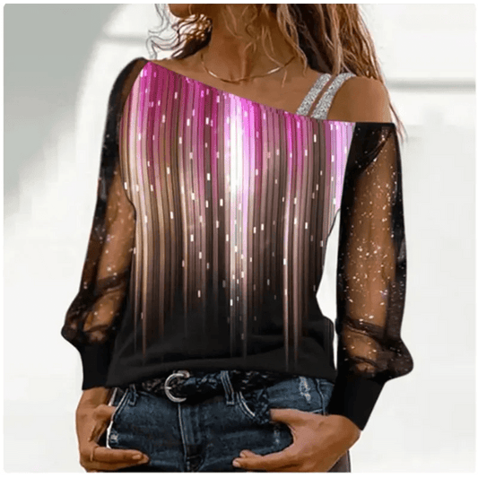 Silver Shoulder Strap Transparent Sleeves Sequins Blouse Women's Sexy T-shirt Christmas Tree Printed Long Sleeved Top - Chic Cart