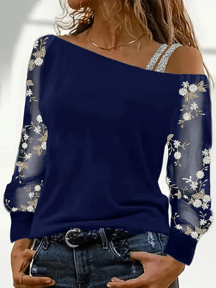 Silver Shoulder Strap Transparent Sleeves Sequins Blouse Women's Sexy T-shirt Christmas Tree Printed Long Sleeved Top - Chic Cart