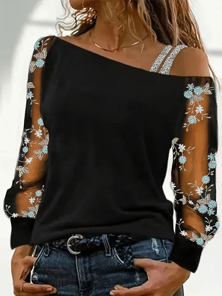 Silver Shoulder Strap Transparent Sleeves Sequins Blouse Women's Sexy T-shirt Christmas Tree Printed Long Sleeved Top - Chic Cart