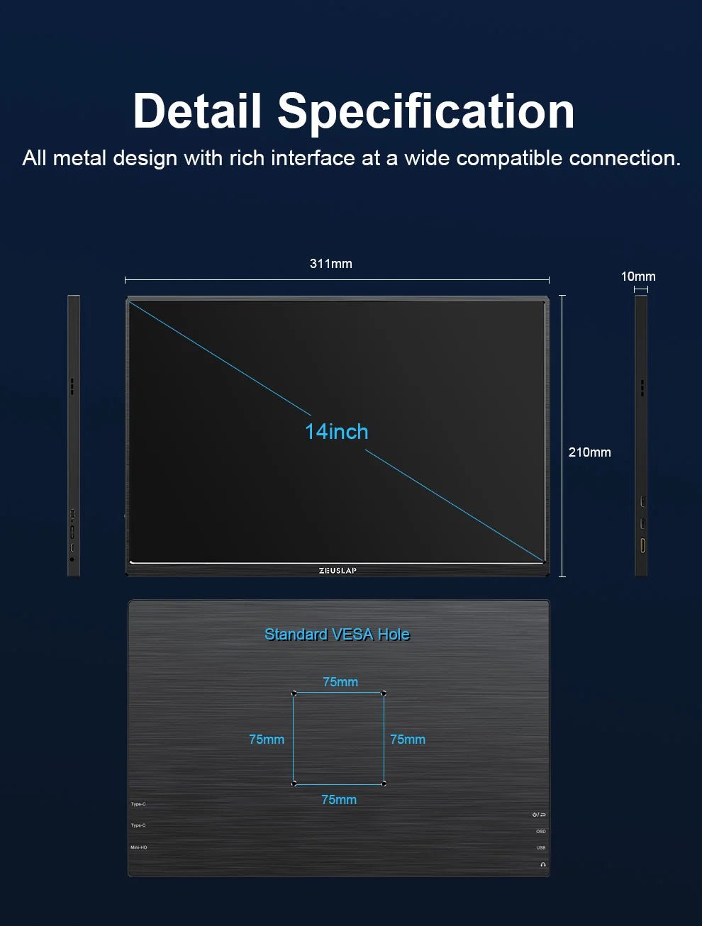 ZEUSLAP 14" 16:10 Touch Screen Portable Monitor 1920*1200P 100%sRGB 400Cd/m² Travel Display for Laptop Computer - Chic Cart