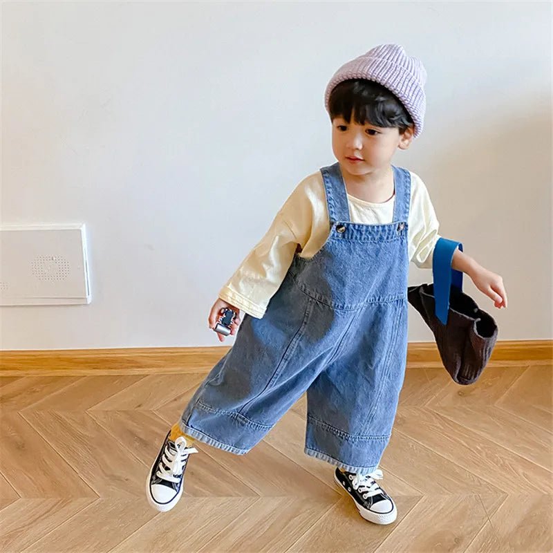 2024 Autumn New Children Loose Overalls boys girls casual all - match denim Trousers Spring Fall Solid Outwear 1 - 7Y Kids bib pants - Chic Cart