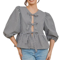 Women Y2K Peplum Tops Puff Short Sleeve Tie Up Blouse Shirt Summer Going Out Cute Babydoll Top Ruffle Hem Y2k Tops - Chic Cart