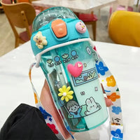 430ml Cute Children Double Drinking Water Bottle Straw Portable Bottle Student Couple Plastic Cup Gift School Kids - Chic Cart