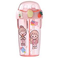 430ml Cute Children Double Drinking Water Bottle Straw Portable Bottle Student Couple Plastic Cup Gift School Kids