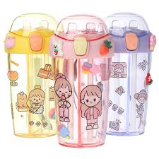 430ml Cute Children Double Drinking Water Bottle Straw Portable Bottle Student Couple Plastic Cup Gift School Kids - Chic Cart 