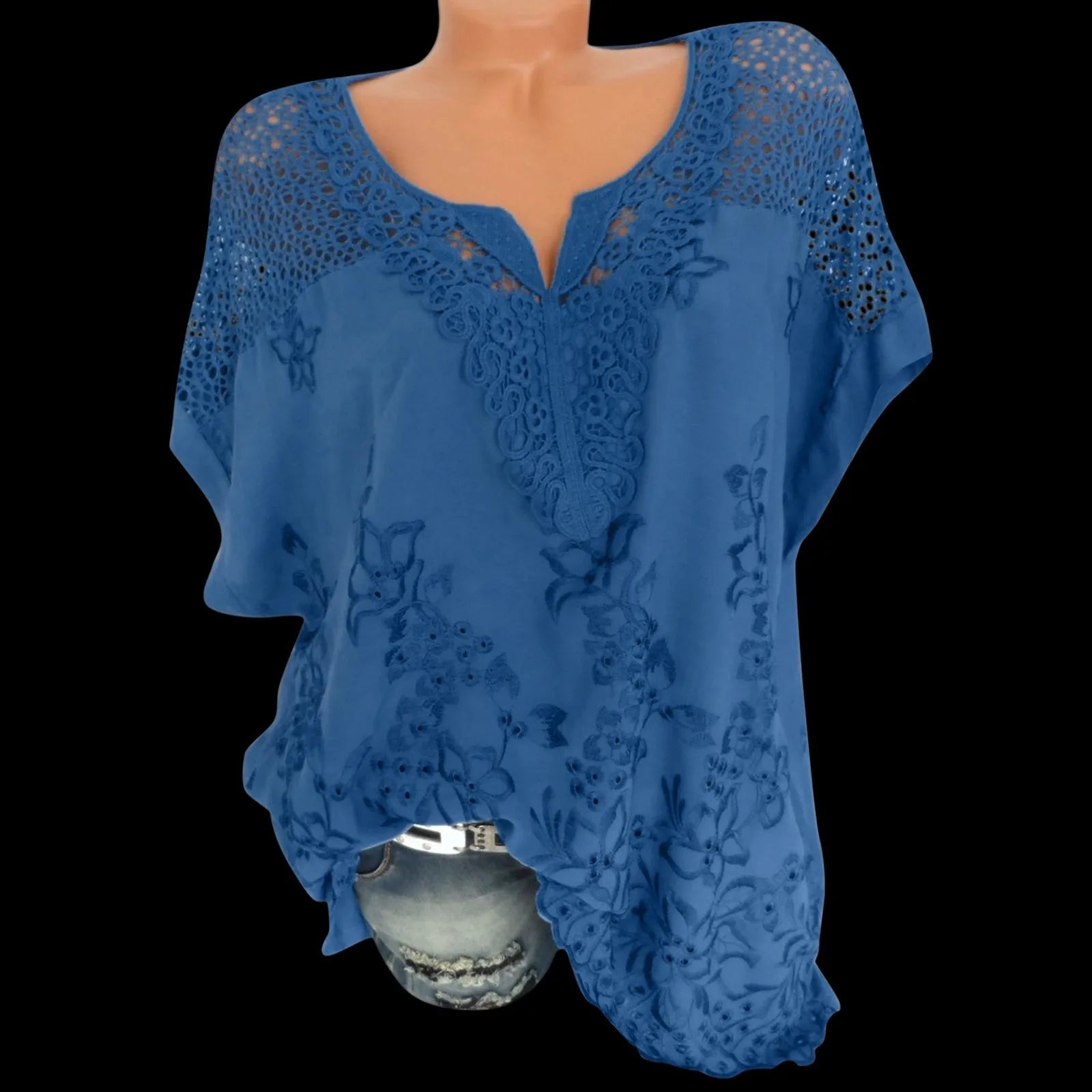 Lace Hollow Women Casual Blouse Summer Stylish Flare Sleeve Oversized Shirt Tops Tunic Blusas Solid Color Bow Tops White Camisas - Chic Cart