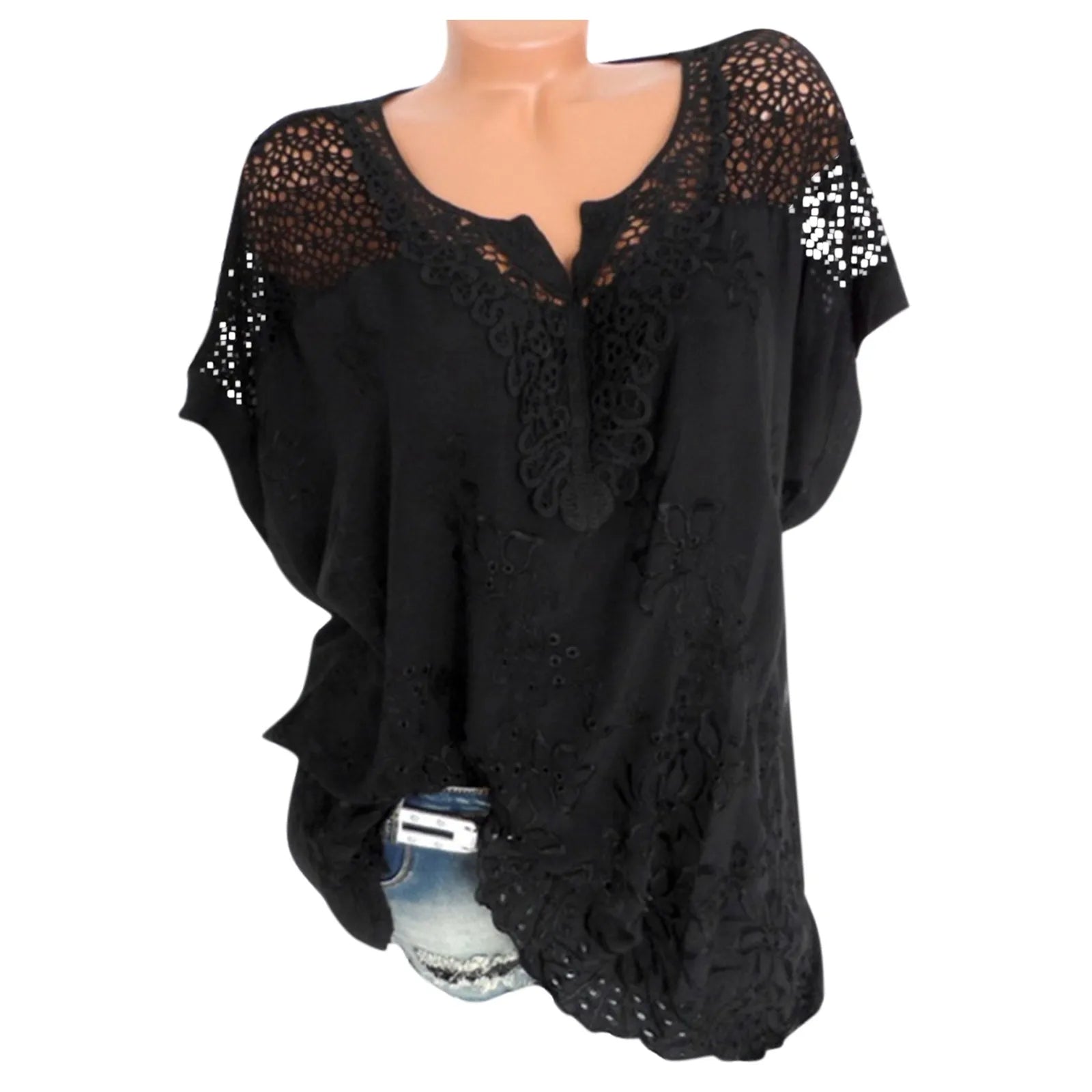 Lace Hollow Women Casual Blouse Summer Stylish Flare Sleeve Oversized Shirt Tops Tunic Blusas Solid Color Bow Tops White Camisas - Chic Cart