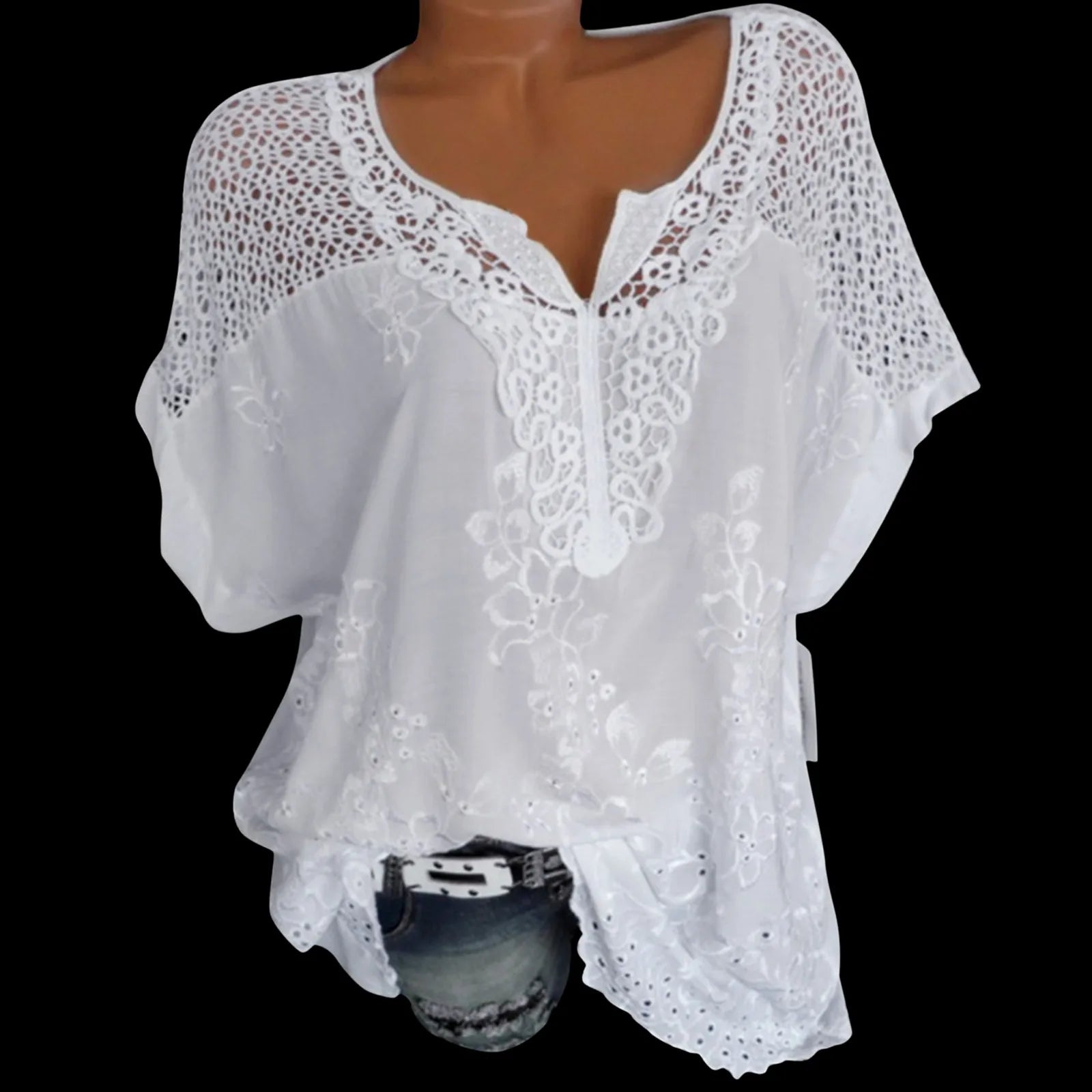 Lace Hollow Women Casual Blouse Summer Stylish Flare Sleeve Oversized Shirt Tops Tunic Blusas Solid Color Bow Tops White Camisas - Chic Cart