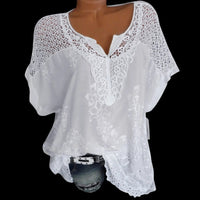 Lace Hollow Women Casual Blouse Summer Stylish Flare Sleeve Oversized Shirt Tops Tunic Blusas Solid Color Bow Tops White Camisas - Chic Cart