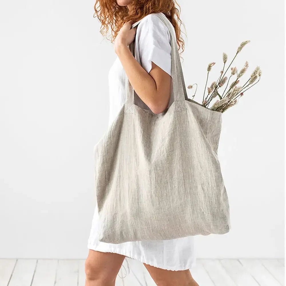 French Dew Retting Linen 100% Pure Hemp Supermarket Environmental Cloth Bag Carrier Foldable Portable Shopping Bag Women - Chic Cart