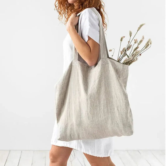 French Dew Retting Linen 100% Pure Hemp Supermarket Environmental Cloth Bag Carrier Foldable Portable Shopping Bag Women - Chic Cart