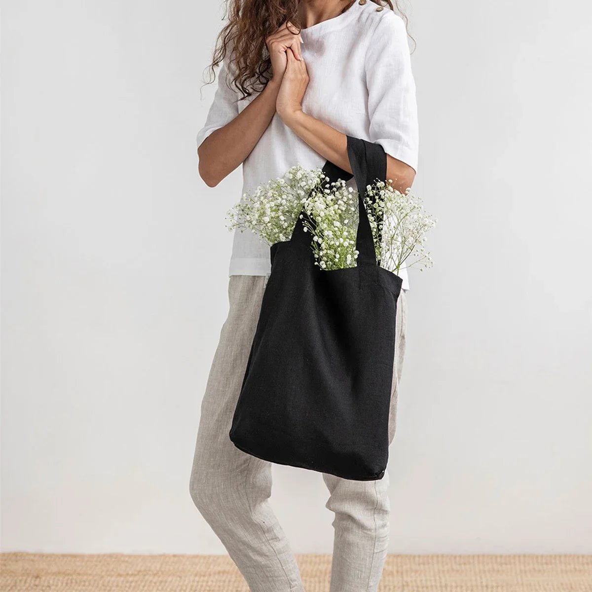 French Dew Retting Linen 100% Pure Hemp Supermarket Environmental Cloth Bag Carrier Foldable Portable Shopping Bag Women - Chic Cart
