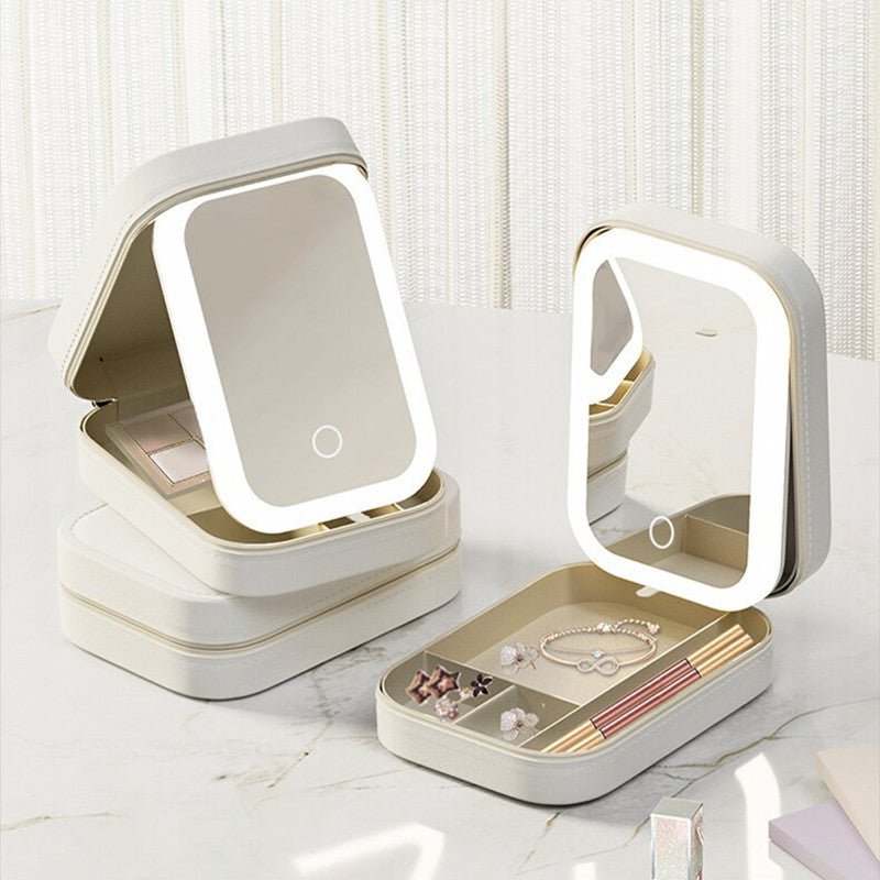 Makeup Storage Box With LED Light Mirror Portable Travel Makeup Cosmetics Storage Box Touch Light Storage Organizer - Chic Cart