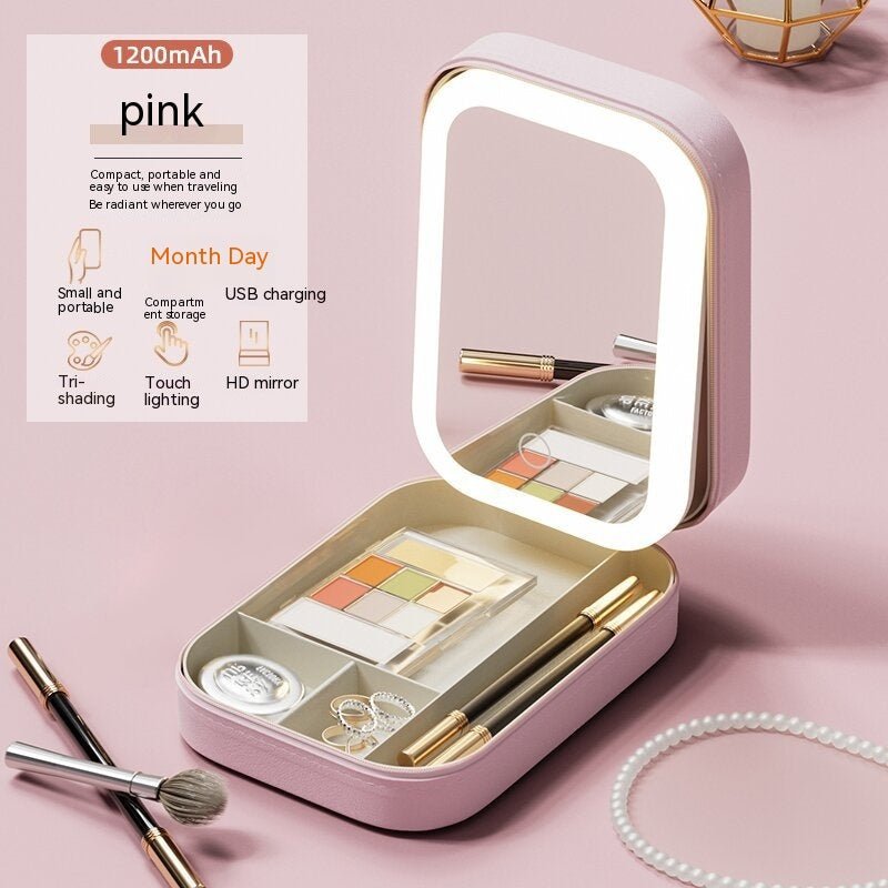 Makeup Storage Box With LED Light Mirror Portable Travel Makeup Cosmetics Storage Box Touch Light Storage Organizer - Chic Cart
