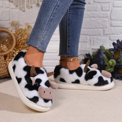 Women's Slippers Home Plush Cartoon Cow Designer Shoes Girls Cute Winter Fluffy Slippers Flats Warm Casual Fur Slides Large Size - Chic Cart