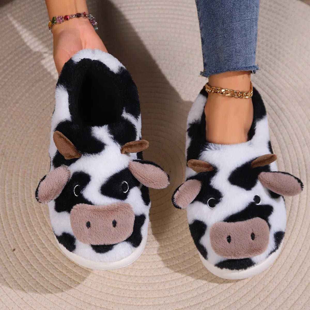 Women's Slippers Home Plush Cartoon Cow Designer Shoes Girls Cute Winter Fluffy Slippers Flats Warm Casual Fur Slides Large Size - Chic Cart