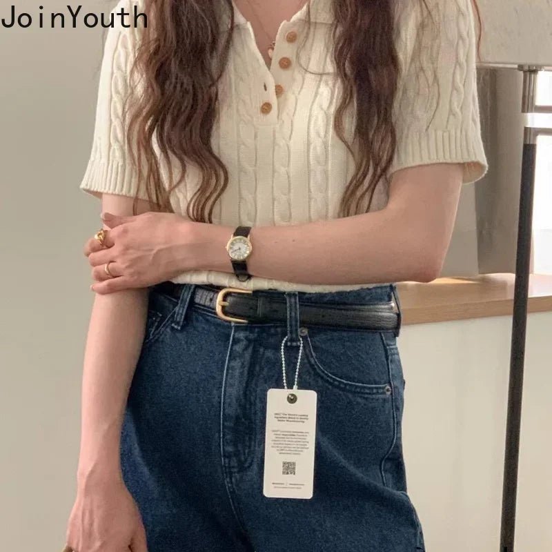 Knitted Woman Tshirts 2024 Ropa Mujer Turndown Collar Short Sleeve White Tees Fashion Ribbed Casual T Shirt Tunic Korean Tops - Chic Cart