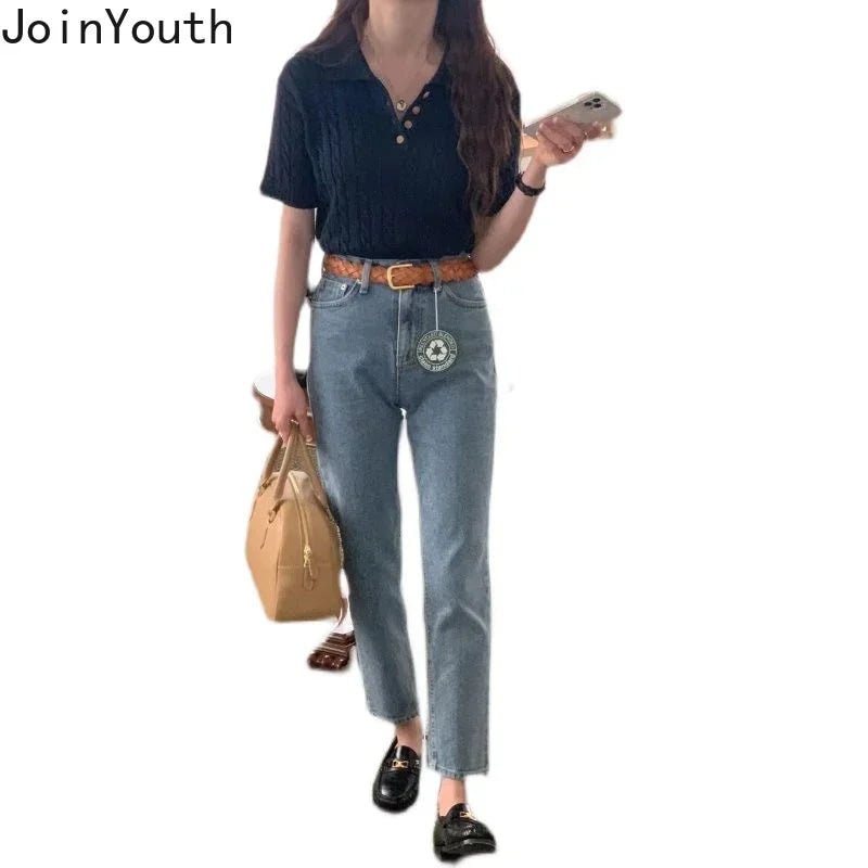 Knitted Woman Tshirts 2024 Ropa Mujer Turndown Collar Short Sleeve White Tees Fashion Ribbed Casual T Shirt Tunic Korean Tops - Chic Cart