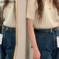Knitted Woman Tshirts 2024 Ropa Mujer Turndown Collar Short Sleeve White Tees Fashion Ribbed Casual T Shirt Tunic Korean Tops - Chic Cart