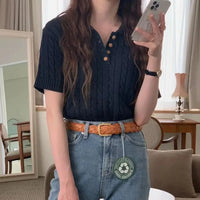 Knitted Woman Tshirts 2024 Ropa Mujer Turndown Collar Short Sleeve White Tees Fashion Ribbed Casual T Shirt Tunic Korean Tops - Chic Cart