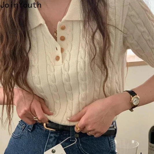 Knitted Woman Tshirts 2024 Ropa Mujer Turndown Collar Short Sleeve White Tees Fashion Ribbed Casual T Shirt Tunic Korean Tops - Chic Cart