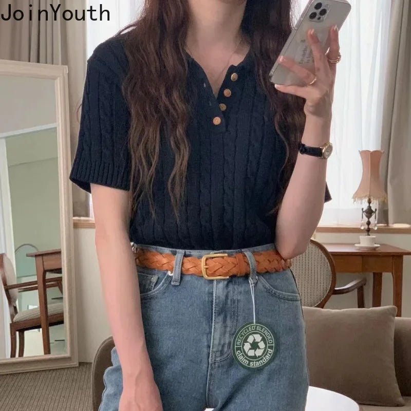 Knitted Woman Tshirts 2024 Ropa Mujer Turndown Collar Short Sleeve White Tees Fashion Ribbed Casual T Shirt Tunic Korean Tops - Chic Cart