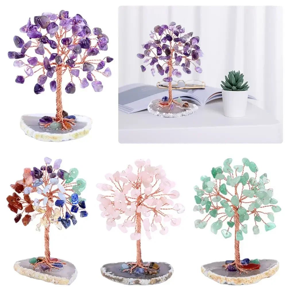 Crystal Money Tree Copper Wire Wrapped W/ Agate Slice Base Fluorite Gemstones Feng Shui Super Mini Trees Home Decor - Chic Cart