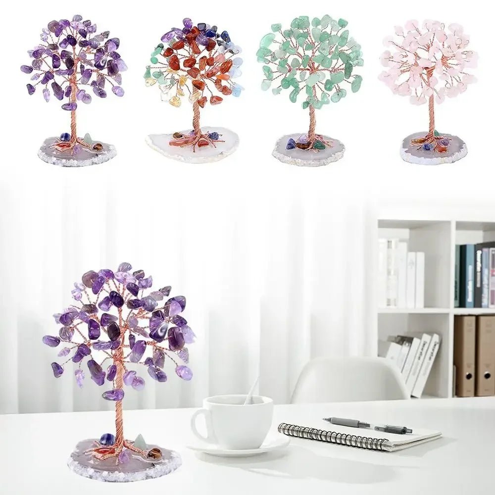 Crystal Money Tree Copper Wire Wrapped W/ Agate Slice Base Fluorite Gemstones Feng Shui Super Mini Trees Home Decor - Chic Cart
