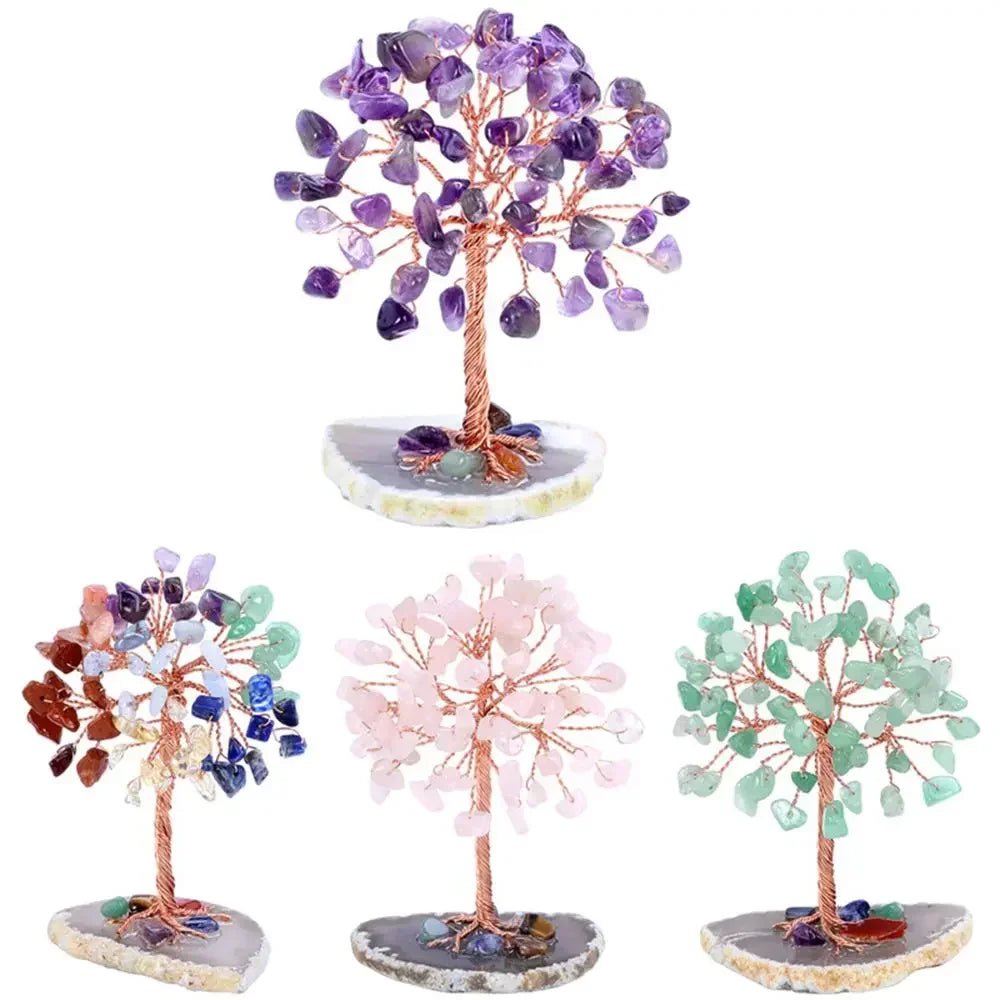 Crystal Money Tree Copper Wire Wrapped W/ Agate Slice Base Fluorite Gemstones Feng Shui Super Mini Trees Home Decor - Chic Cart