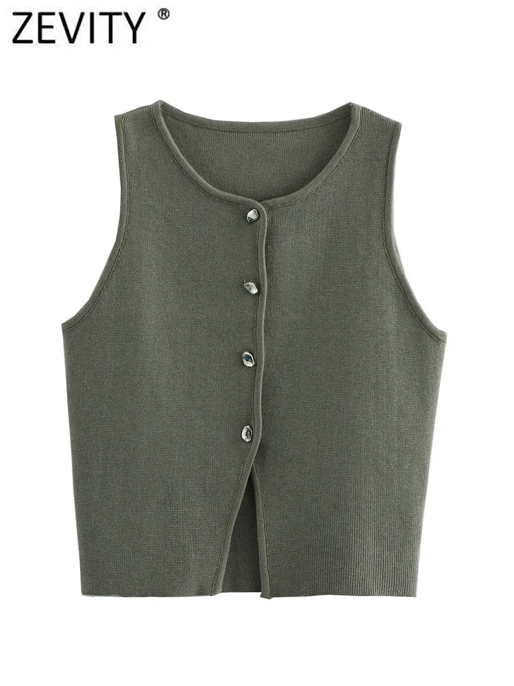 Zevity Women Fashion Sleeveless Buttons Hem Split Knitting Short Blouse Female Basic Slim Shirts Blusas Chic Crop Tops LS6236 - Chic Cart