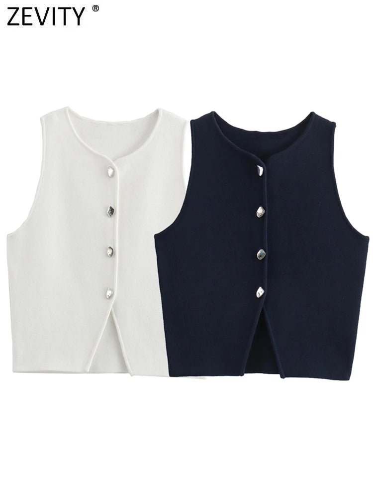 Zevity Women Fashion Sleeveless Buttons Hem Split Knitting Short Blouse Female Basic Slim Shirts Blusas Chic Crop Tops LS6236 - Chic Cart