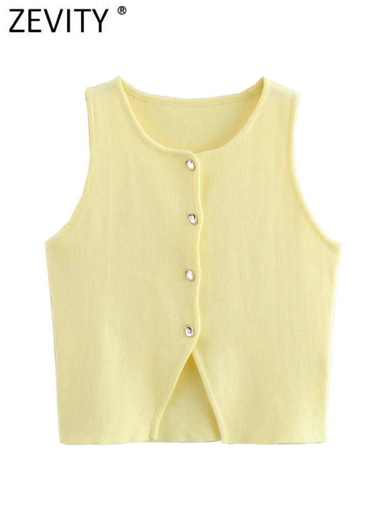 Zevity Women Fashion Sleeveless Buttons Hem Split Knitting Short Blouse Female Basic Slim Shirts Blusas Chic Crop Tops LS6236 - Chic Cart
