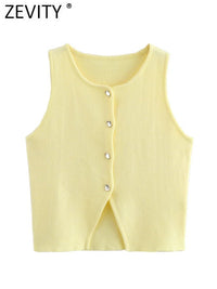 Zevity Women Fashion Sleeveless Buttons Hem Split Knitting Short Blouse Female Basic Slim Shirts Blusas Chic Crop Tops LS6236 - Chic Cart