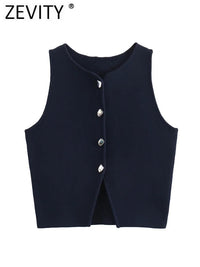 Zevity Women Fashion Sleeveless Buttons Hem Split Knitting Short Blouse Female Basic Slim Shirts Blusas Chic Crop Tops LS6236 - Chic Cart