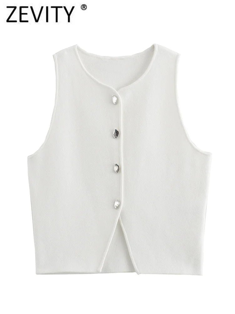 Zevity Women Fashion Sleeveless Buttons Hem Split Knitting Short Blouse Female Basic Slim Shirts Blusas Chic Crop Tops LS6236 - Chic Cart