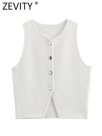 Zevity Women Fashion Sleeveless Buttons Hem Split Knitting Short Blouse Female Basic Slim Shirts Blusas Chic Crop Tops LS6236 - Chic Cart