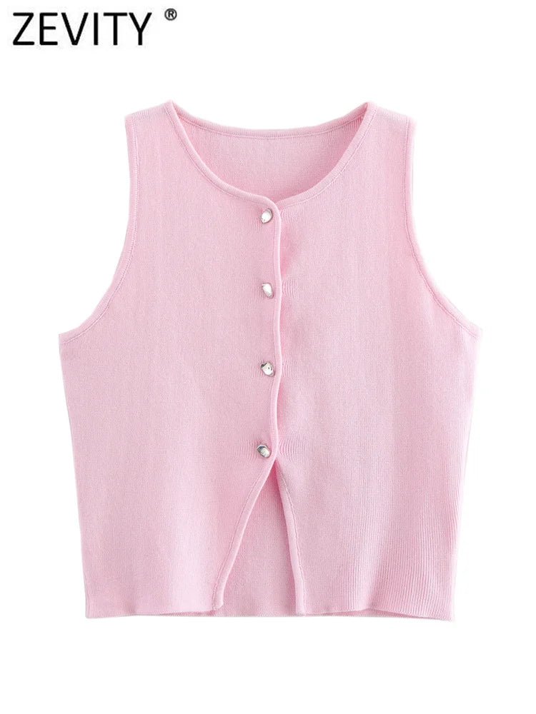 Zevity Women Fashion Sleeveless Buttons Hem Split Knitting Short Blouse Female Basic Slim Shirts Blusas Chic Crop Tops LS6236 - Chic Cart