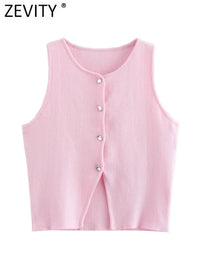 Zevity Women Fashion Sleeveless Buttons Hem Split Knitting Short Blouse Female Basic Slim Shirts Blusas Chic Crop Tops LS6236 - Chic Cart