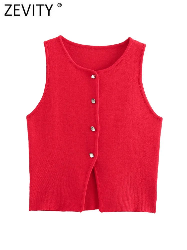 Zevity Women Fashion Sleeveless Buttons Hem Split Knitting Short Blouse Female Basic Slim Shirts Blusas Chic Crop Tops LS6236 - Chic Cart