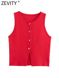 Zevity Women Fashion Sleeveless Buttons Hem Split Knitting Short Blouse Female Basic Slim Shirts Blusas Chic Crop Tops LS6236 - Chic Cart
