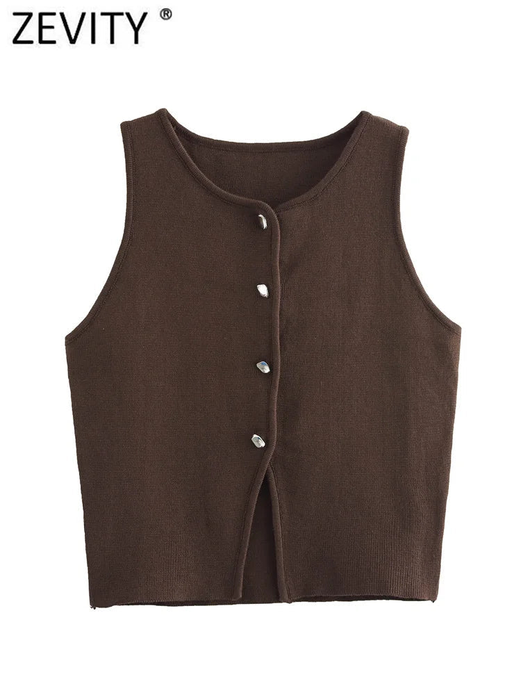 Zevity Women Fashion Sleeveless Buttons Hem Split Knitting Short Blouse Female Basic Slim Shirts Blusas Chic Crop Tops LS6236 - Chic Cart