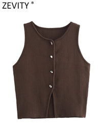 Zevity Women Fashion Sleeveless Buttons Hem Split Knitting Short Blouse Female Basic Slim Shirts Blusas Chic Crop Tops LS6236 - Chic Cart