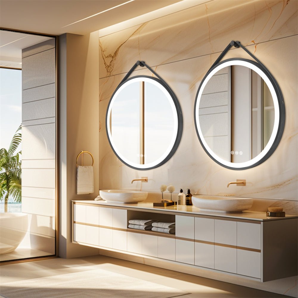 Round Bathroom Lighted Mirror With Touch Sensor Black Framed Mirror with LED Lights - Chic Cart