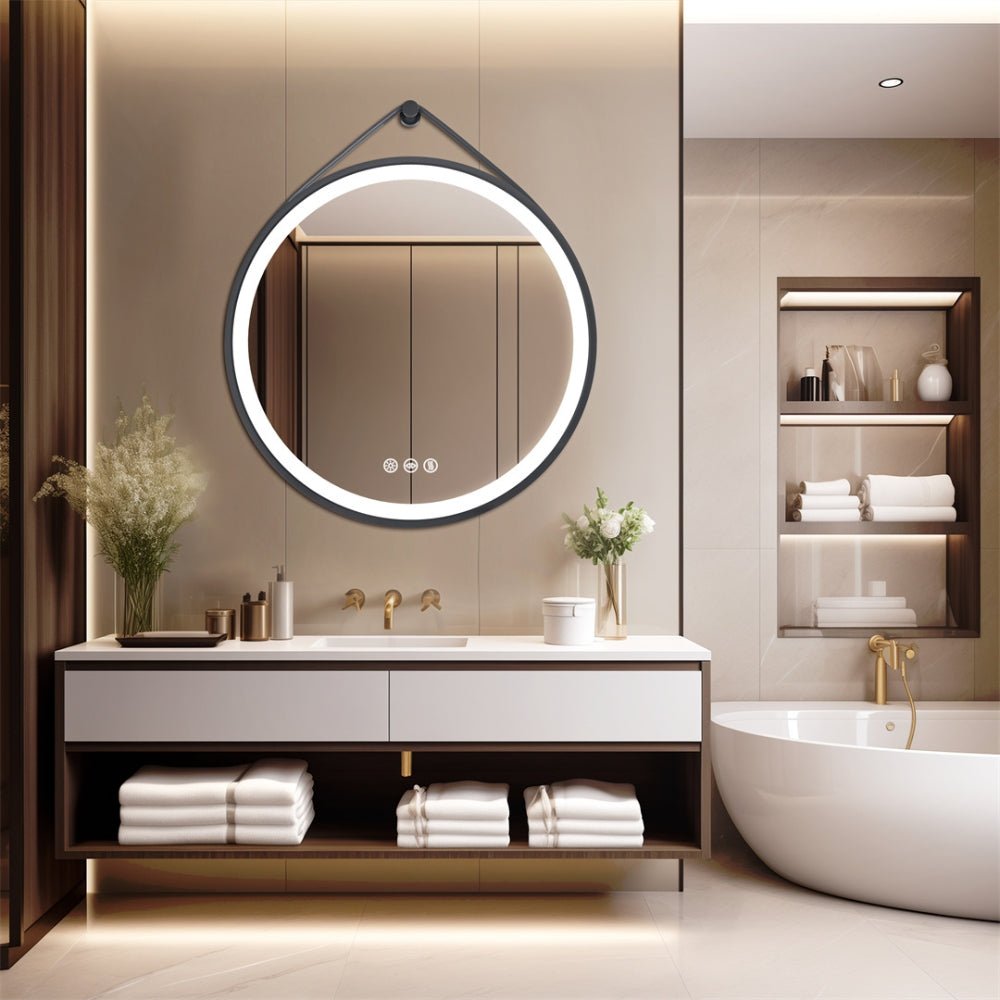 Round Bathroom Lighted Mirror With Touch Sensor Black Framed Mirror with LED Lights - Chic Cart