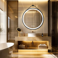 Round Bathroom Lighted Mirror With Touch Sensor Black Framed Mirror with LED Lights - Chic Cart