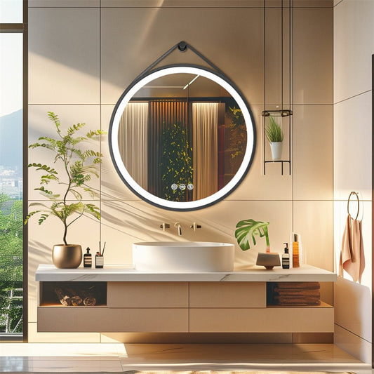 Round Bathroom Lighted Mirror With Touch Sensor Black Framed Mirror with LED Lights - Chic Cart