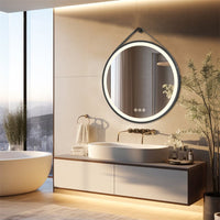 Round Bathroom Lighted Mirror With Touch Sensor Black Framed Mirror with LED Lights - Chic Cart
