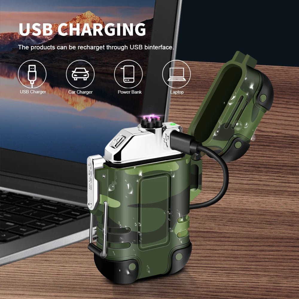 Waterproof USB Charging Electric Lighter Dual Arc Lighter Flameless Plasma Lighter Outdoor Hiking Camping Smoking Accessories - Chic Cart